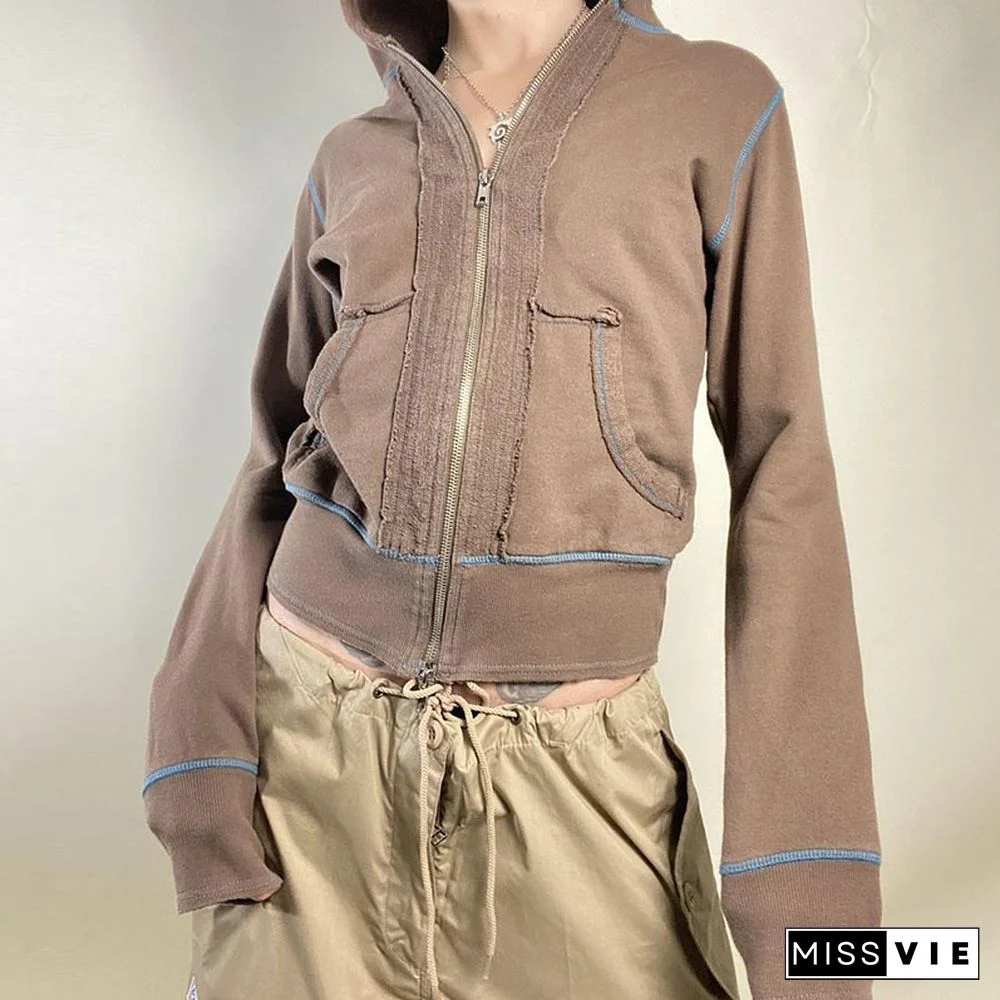 Vintage Sweatshirt Y2k Aesthetic Fairycore Grunge Zip Up Long Sleeve Tops With Pockets Hoodie Women Streetwear