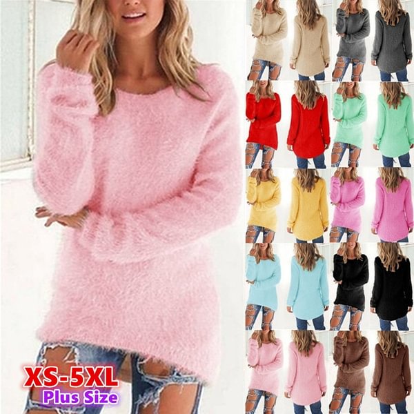 New Autumn and Winter Solid Color Warm Pullover Tops Women Long Sleeve Knitted Sweaters Plus Size - BlackFridayBuys