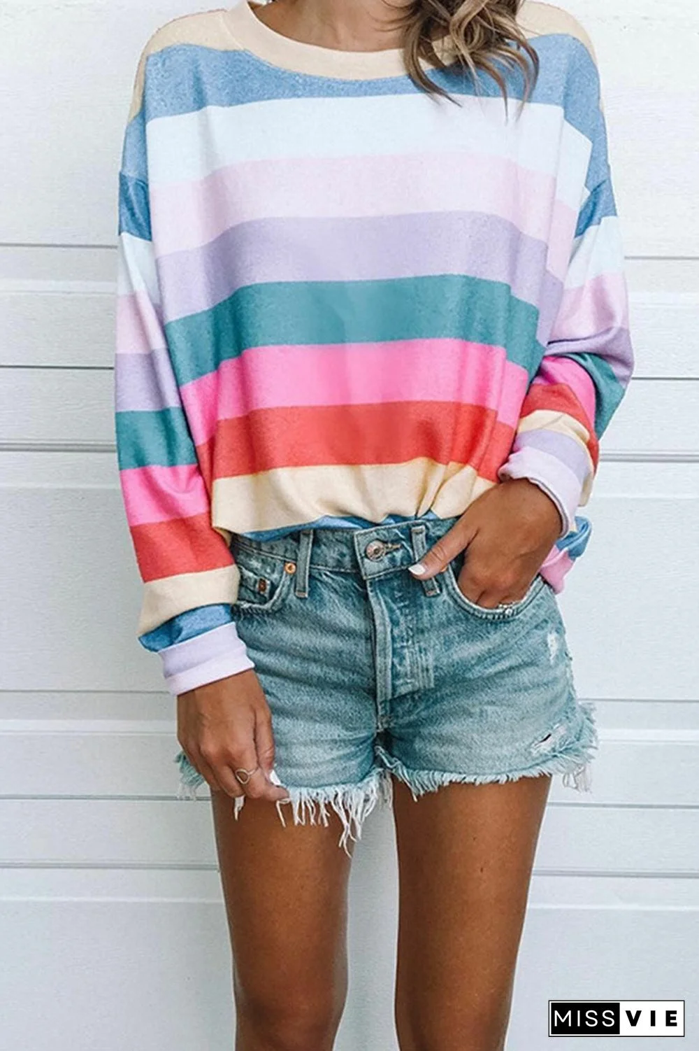 Striped Tops Round Neck Long Sleeve Tops