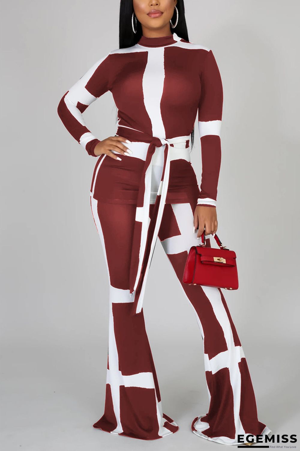 Wine Red adult Fashion Casual Striped contrast color Print Two Piece Suits Loose Long Sleeve Two-p | EGEMISS