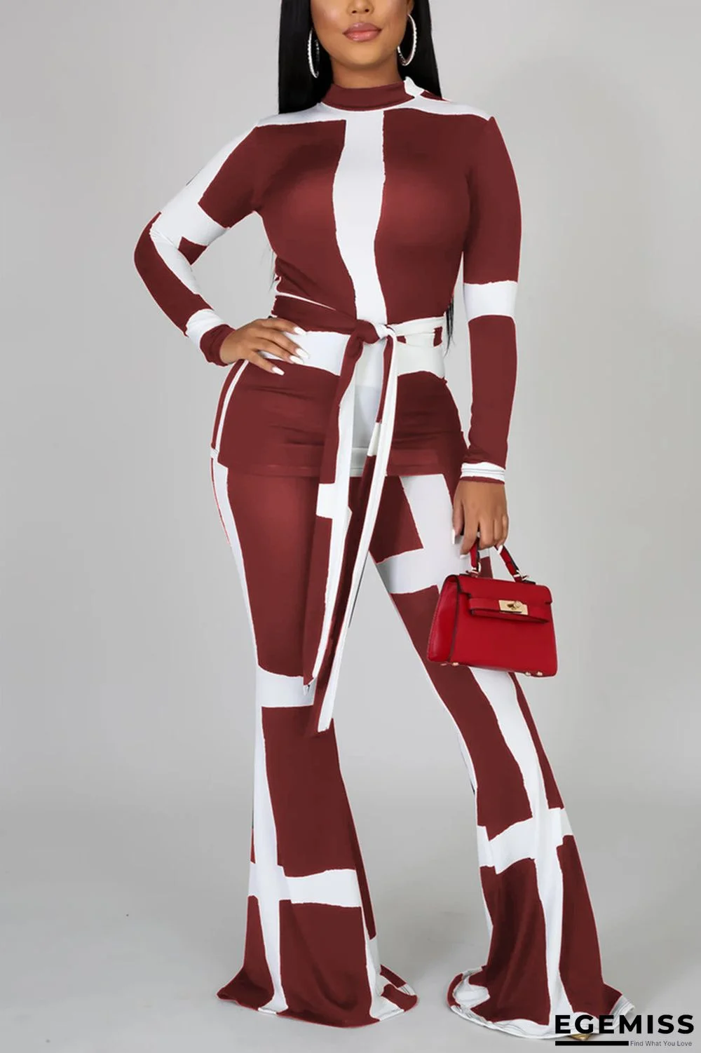 Wine Red adult Fashion Casual Striped contrast color Print Two Piece Suits Loose Long Sleeve Two-p | EGEMISS