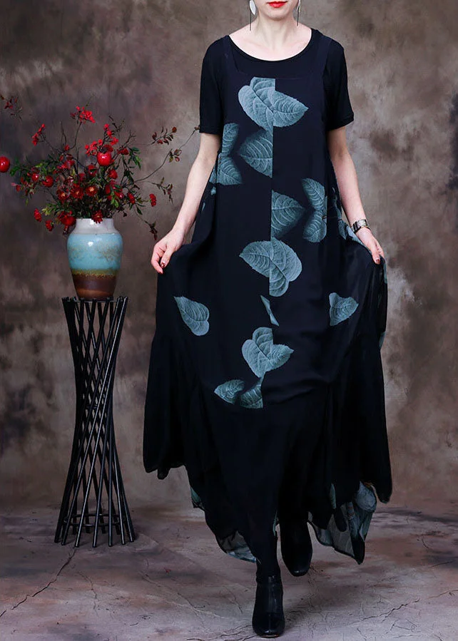 Beautiful Black Asymmetrical Print Chiffon Strap Dress And Tanks Two Pieces Set Summer