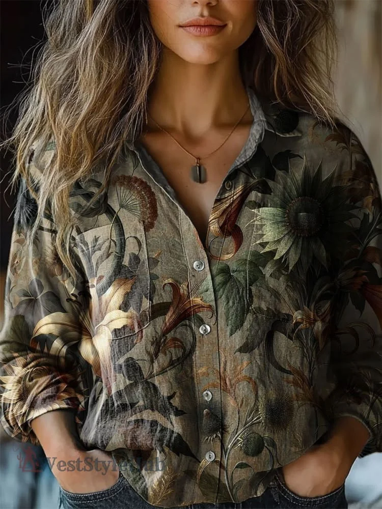 Womens Vintage Botanical Flower Art Print Casual Long Sleeve Comfortable Cotton Shirt