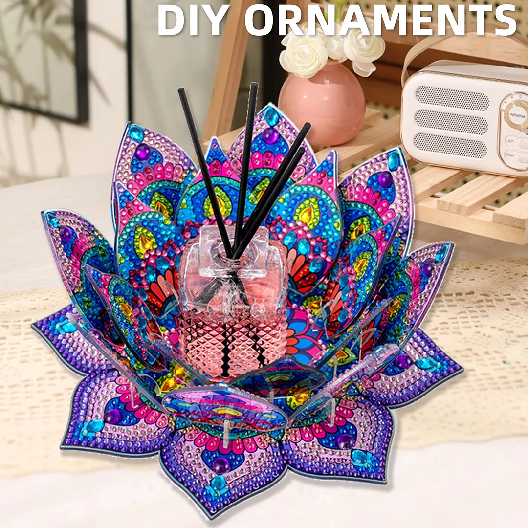 5D DIY Diamond Art Painting DIY Acrylic Desktop Ornament Flower Candle Holders Tealight Handmade Home Office Decor for Adults Beginners (Purple Lotus-A)