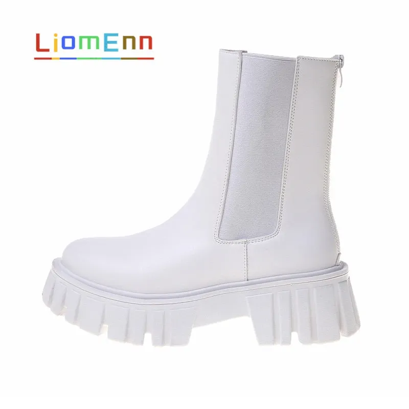 Women's White Ankle Boots 2021 Ladies Chunky Chelsea Boots Female Shoes Black Platform Motorcycle Boots Designer Punk Gothic