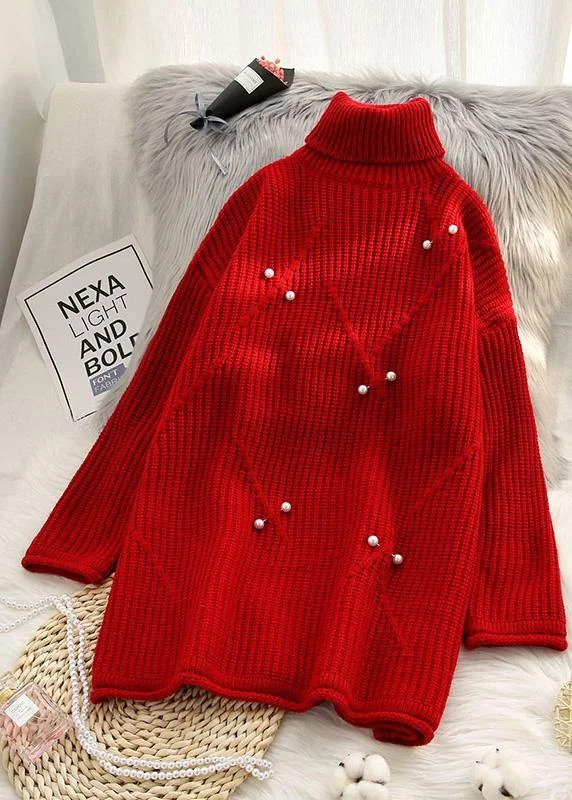 Chunky high neck red sweaters casual Rivet knit top silhouette