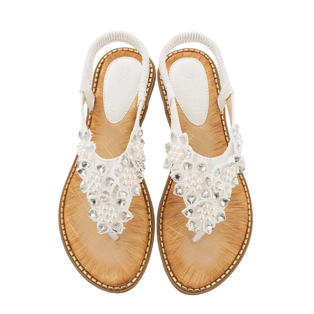 Women plus size clothing Applique Beaded Decor Comfy Sole Vacation Thong Sandals-Nordswear