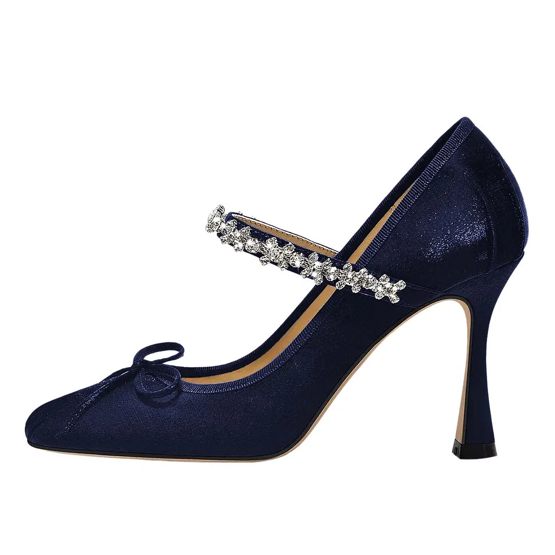 Velvet Rhinestone Strap Square Toe Bow Navy Flared Heel Pumps Shoes