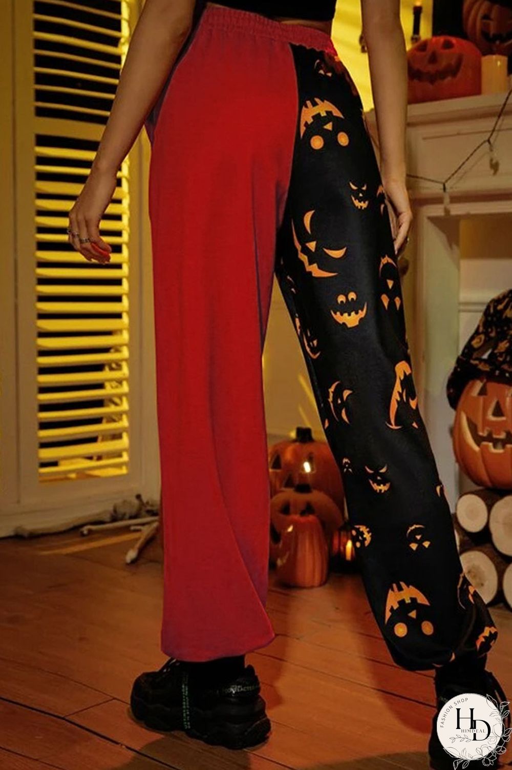 Red Street Print Split Joint Straight High Waist Straight Positioning Print Bottoms