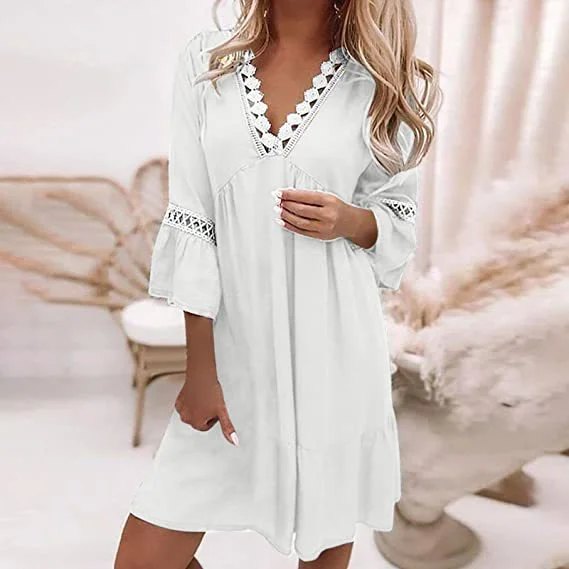 V-neck Printed Lace Stitched Bohemian Casual Holiday Dress