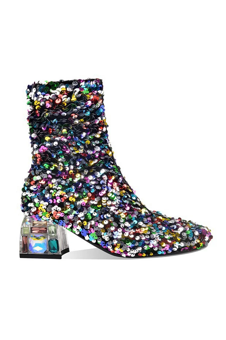 Gothic Multicolor Party Sequin Decor Chunky Heeled Boots