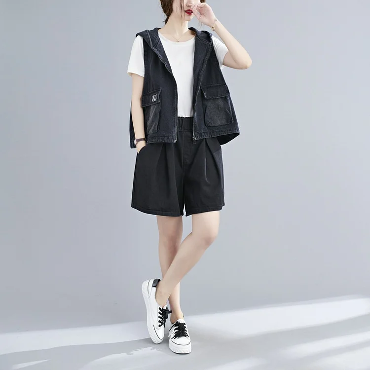 Vintage Splicing Denim Hooded Waistcoat - yankia