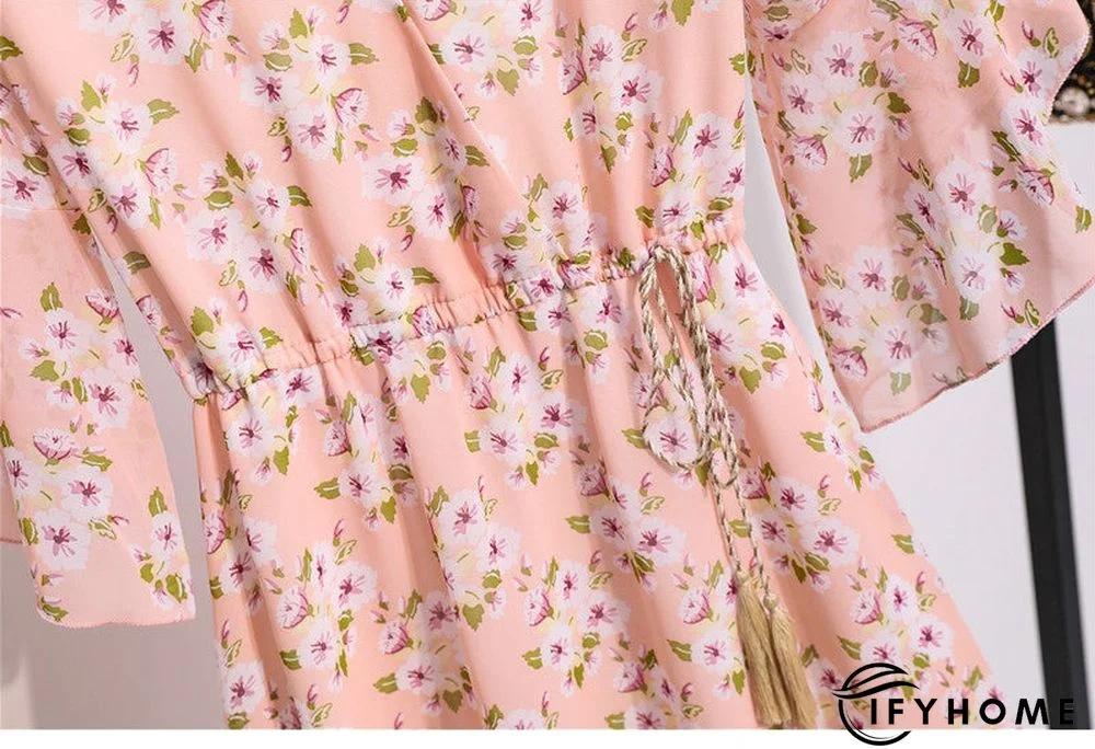 Spring Summer Chiffon Women V-Neck Floral Print Short Dresses Sweet Ruffle Sleeeve Slim Drawstring Ladies Dress | IFYHOME