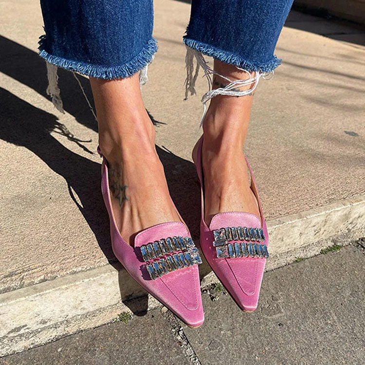 Pink Velvet Pointy Toe Slingback Flat Shoes Vdcoo