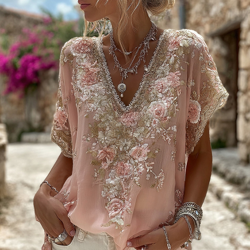 Women's Floral Embroidered Art V-neck Short Sleeve Linen Blend T-shirt wearshes