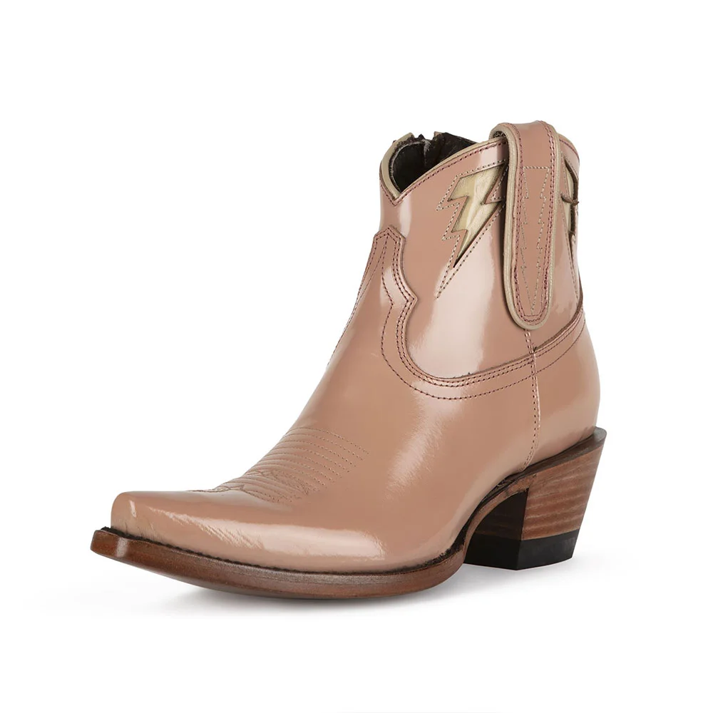 Nude Snip Toe Lightning Inlay Side Zipper Western Boots for Women