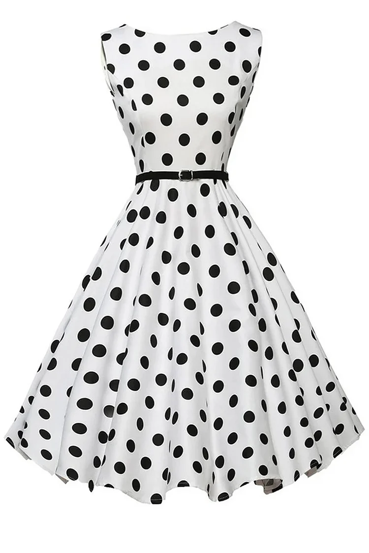 1950s White Party Polka Dot Flare Swing Midi Dress (With Belt)