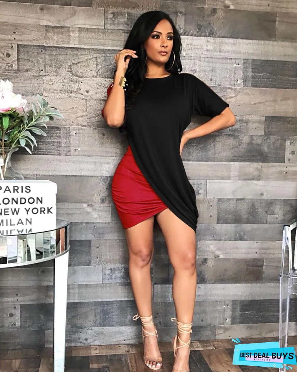 Round Neck Pleated Dress with Irregular Short Sleeves