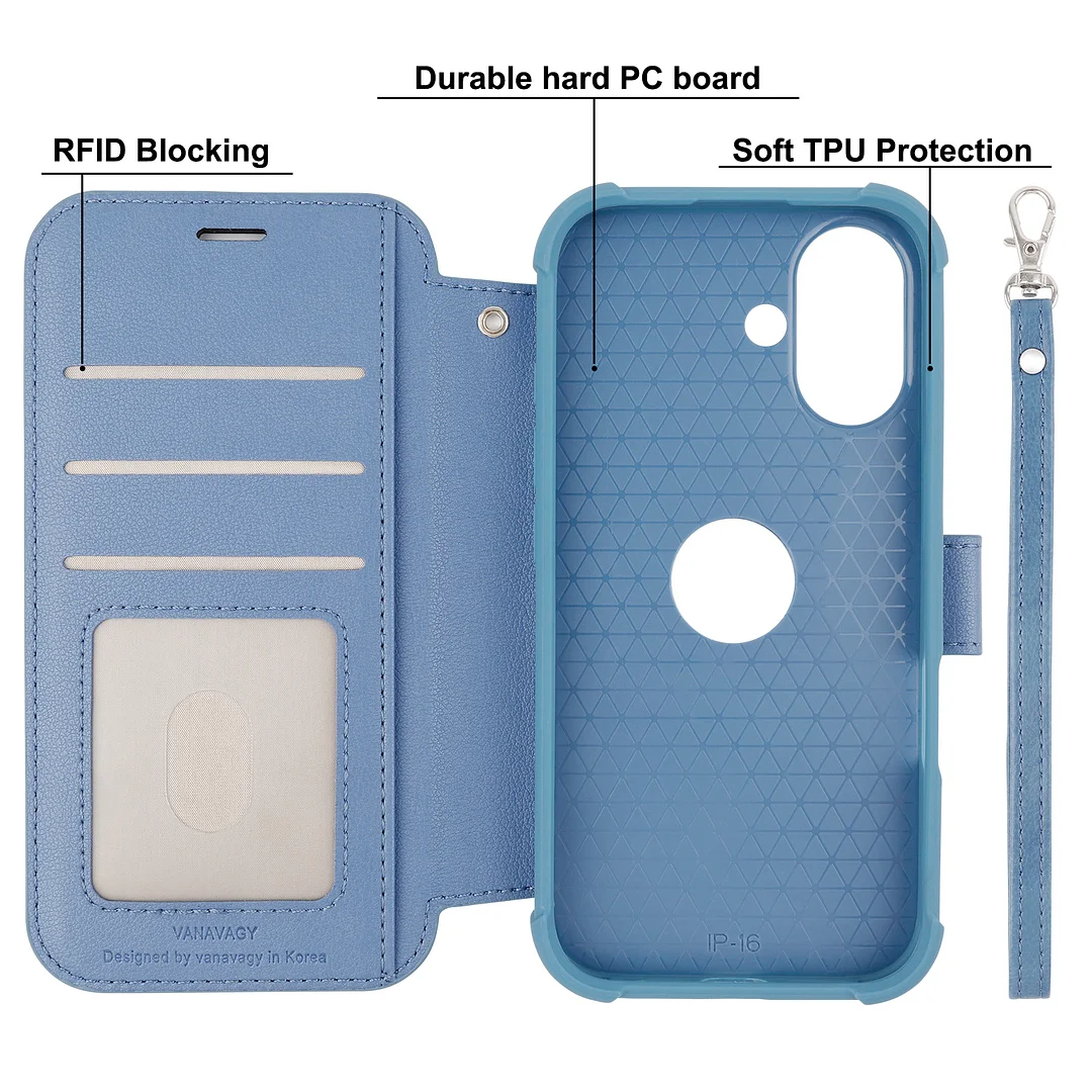 VANAVAGY Compatible for iPhone 16 Wallet Case for Magsafe Wireless Charging,Leather Flip Folio Wrist [Glass Screen Protectors & Camera Lens Protectors] with RFID Block Card Holder