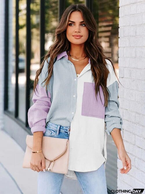 Color Block Button Up Collared Neck Shirt