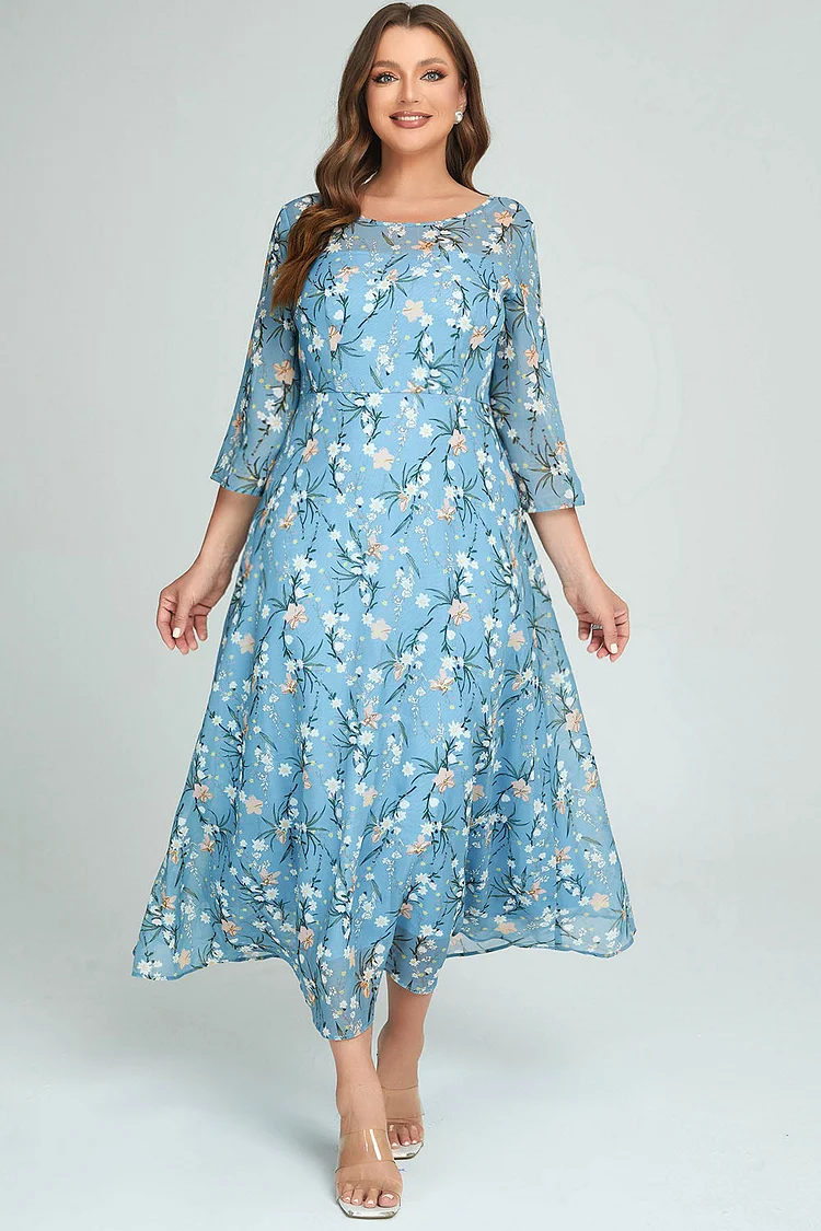 Flycurvy Plus Size Casual Blue Chiffon Floral Print 3/4 Sleeve Tea-Length Dress  Flycurvy [product_label]