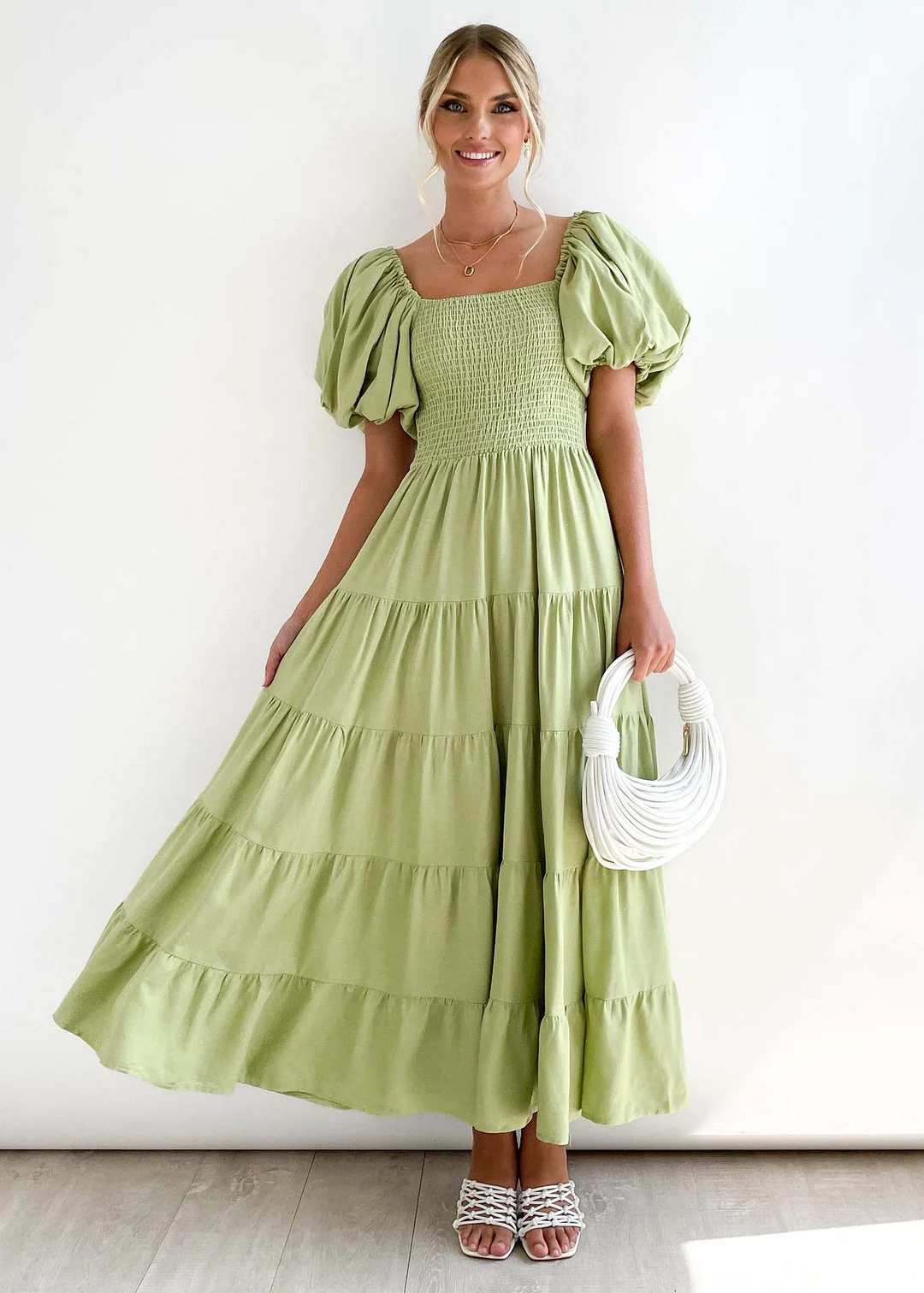 Uveng Puff Sleeve Holiday Slim Looking Long Dresses