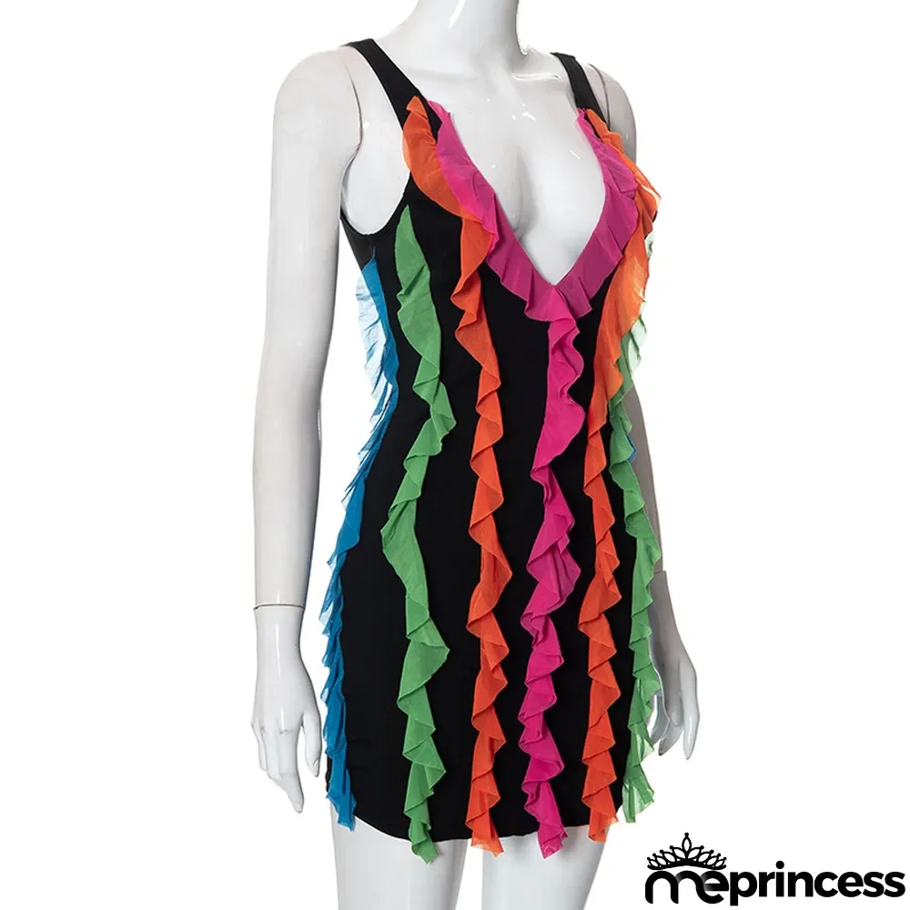 Women'S Fall V-Neck Sexy Low Back Multicolor Ruffled Bodycon Dress