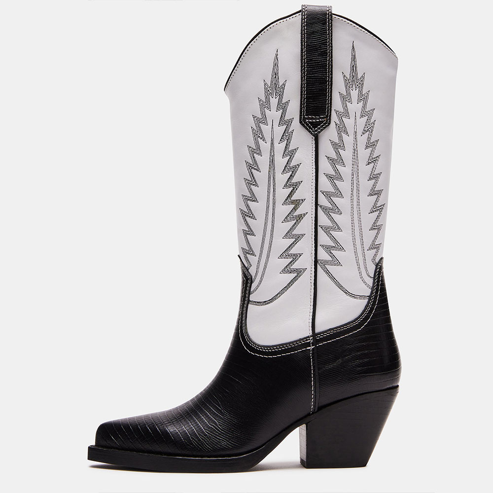 Black & White Croco Embossed Western Mid-Calf Cowgirl Boots