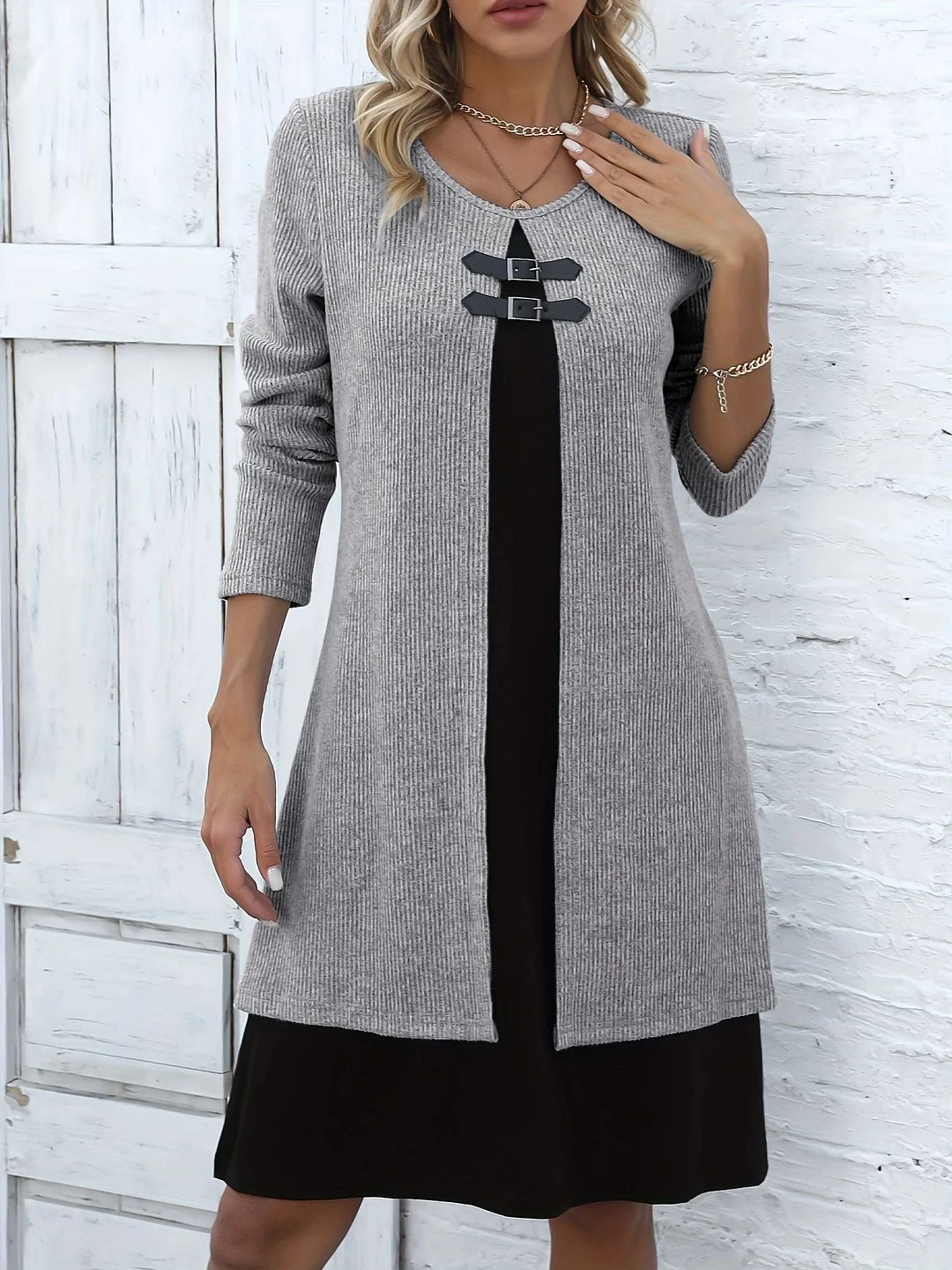 Women's Long Sleeve Scoop Neck Colorblock Fake Two-Piece Midi Dress