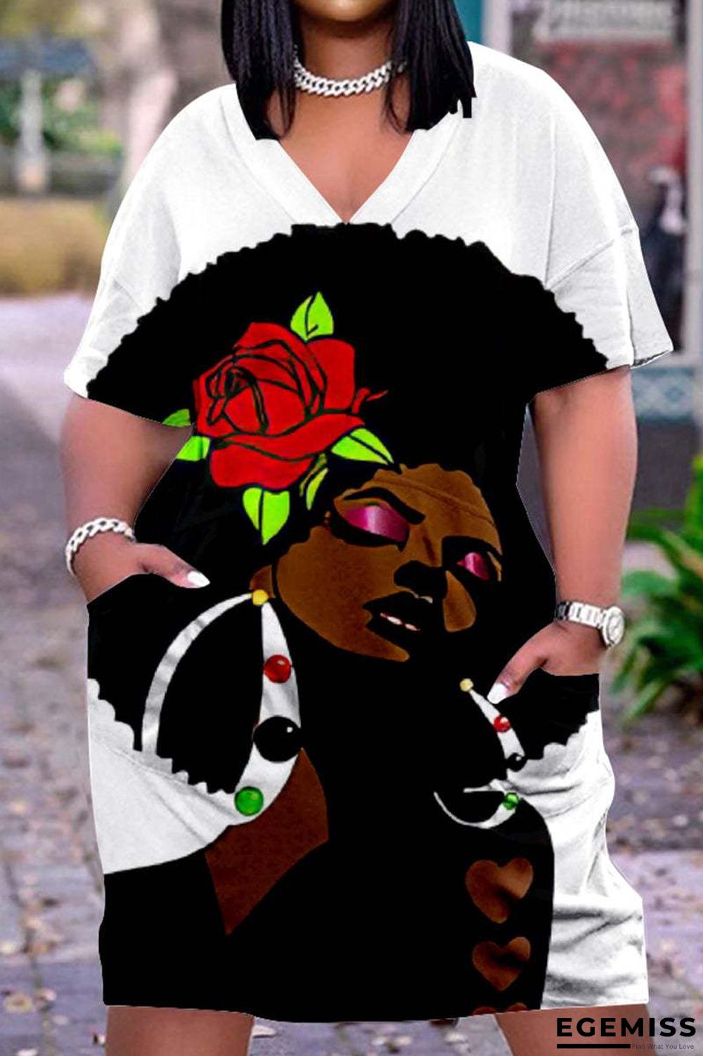 3D Printed Outdoor Fashion Casual Loose Plus Size Women's V-neck Sleeve Dress White Dresses | EGEMISS