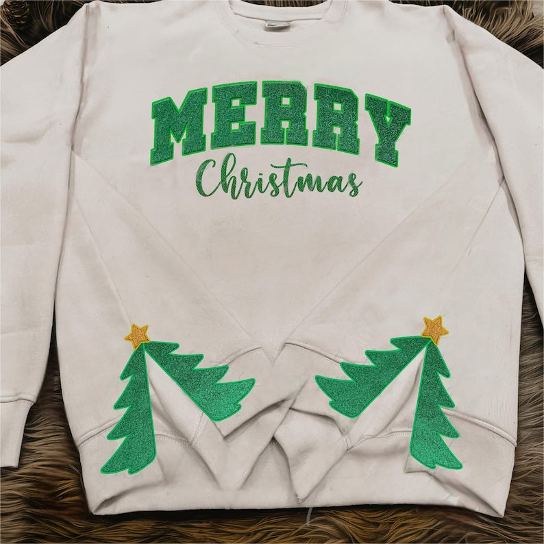 Loveyoufancy Personalized Merry Christmas Side Tree Cut-Out Sweatshirt