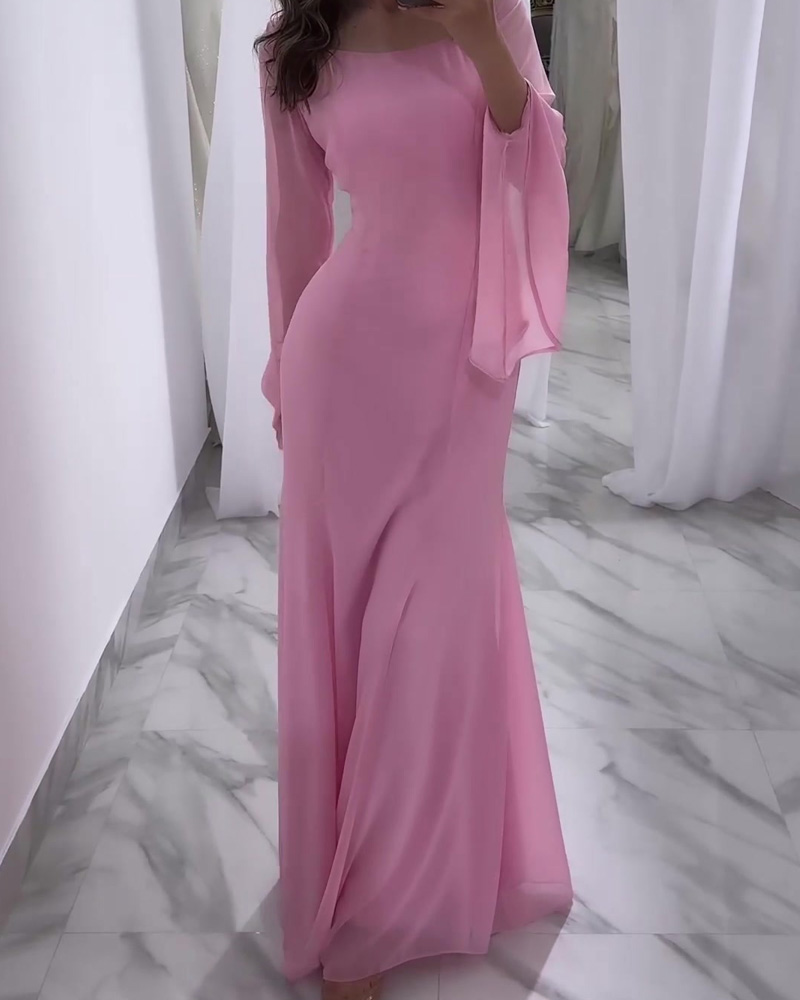 Solid Color Lotus Sleeve Stitching Long Dress