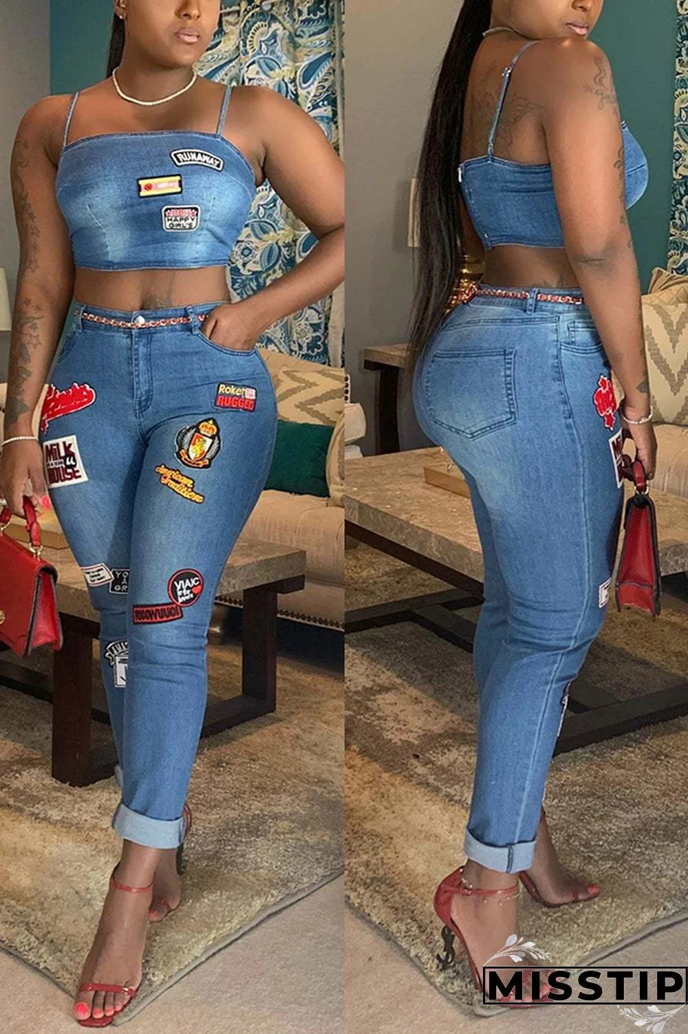 Blue Fashion Sexy Sling Top Trousers Denim Set