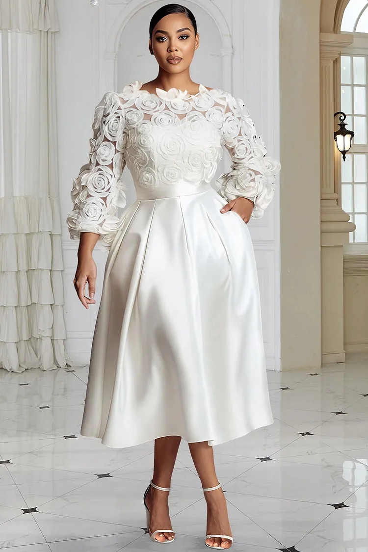Xpluswear Design Plus Size Wedding White Round Neck 3/4 Sleeve 3D Elegant Pocket Satin Midi Dresses, image size:750x1125