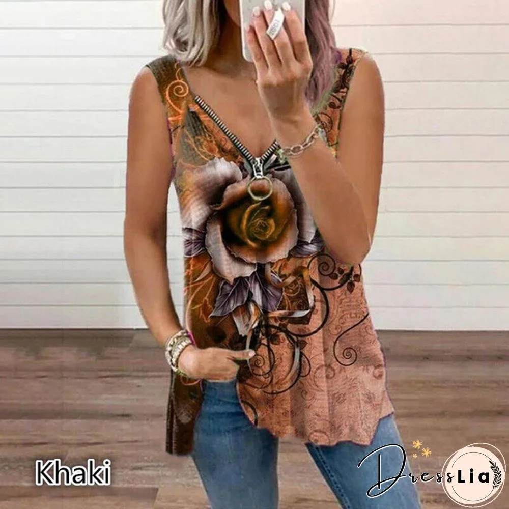Women's Top Summer New Fashion Rose Flower Printed Casual Plus Size Sleeveless Zipper V-neck Top Loose Soft and Comfortable Tank Top XS-5XL