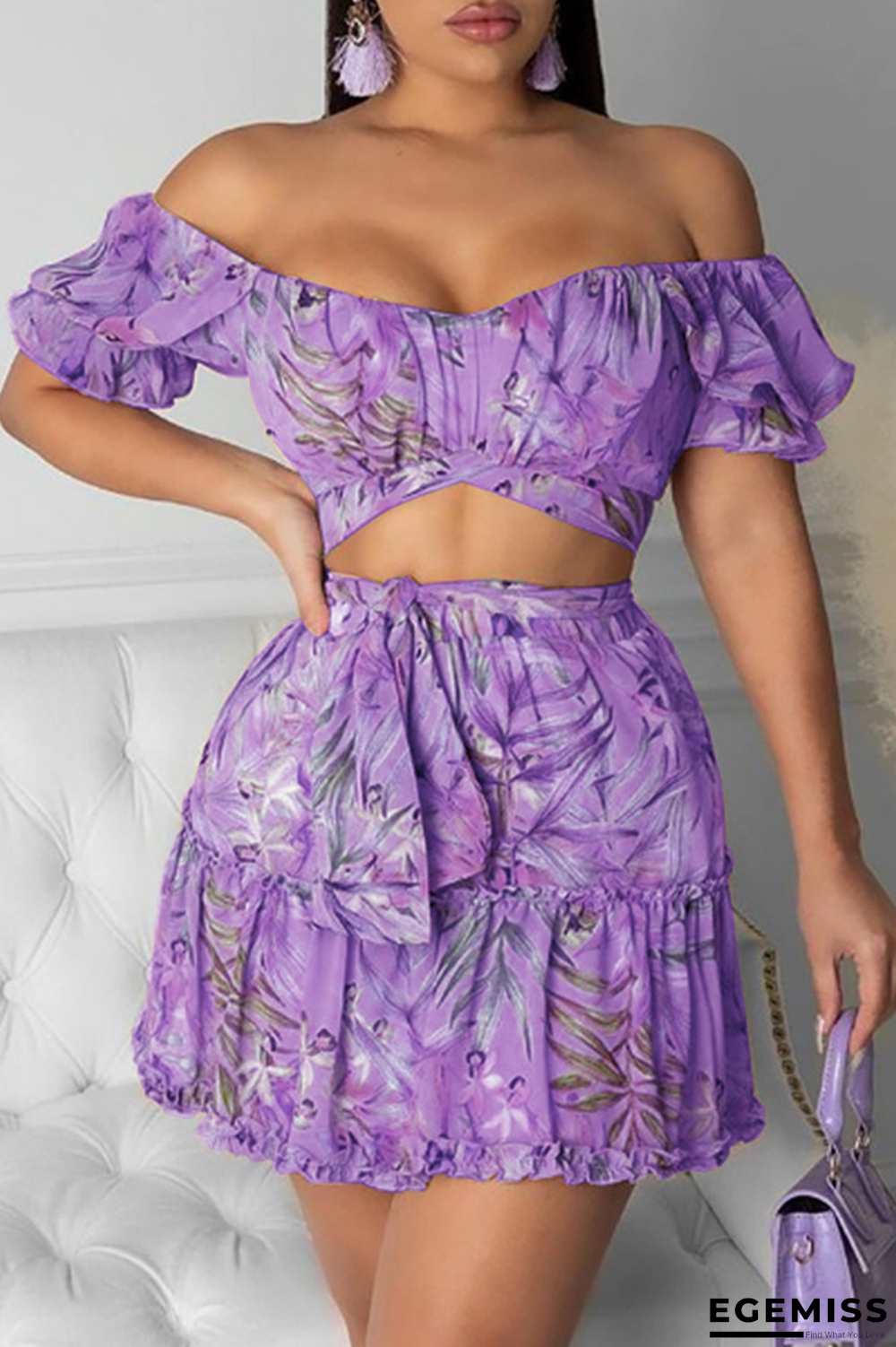 Purple Sexy Print Patchwork Off the Shoulder Short Sleeve Two Pieces | EGEMISS