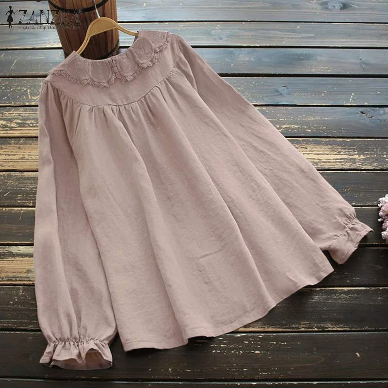 Oversized Tunic Tops ZANZEA Vintage Women Lace Crochet Blouse Spring Long Sleeve Buttons Shirt Solid Blusas Casual Loose Chemise