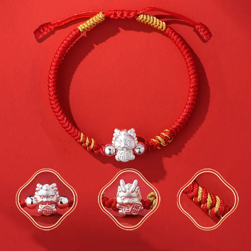 999 Sterling Silver Year of the Dragon Fu Character Attract Fortune Luck Handcrafted Braided Bracelet