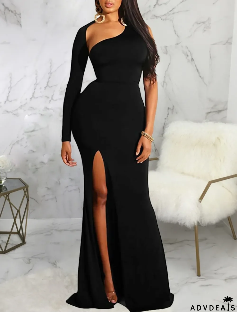 Winter Sexy Black Single Long Sleeve Split Mermaid Evening Dress