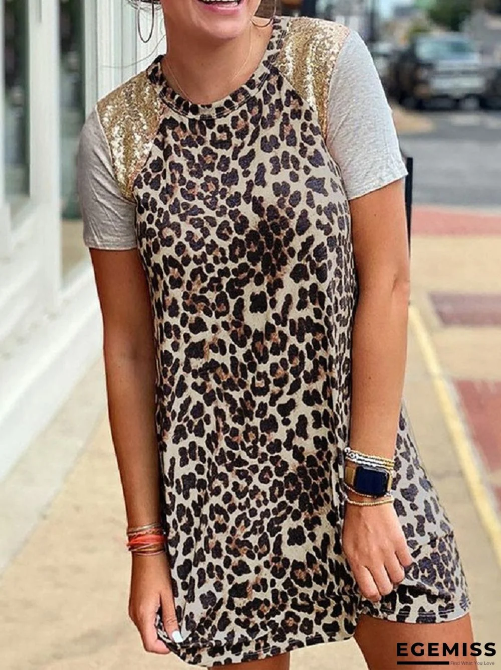 Fashion Round Neck Leopard Stitched Dress | EGEMISS