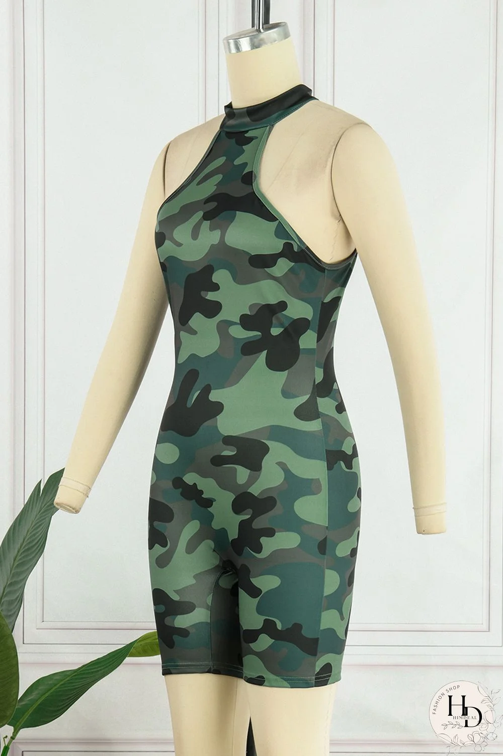 Army Green Casual Solid Camouflage Print Basic Turtleneck Skinny Romper