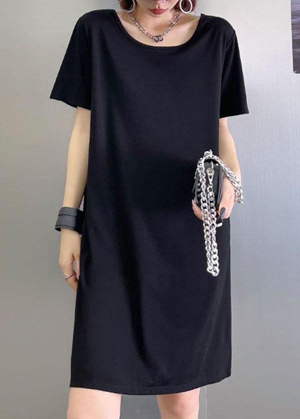 Comfy Black Backless U Neck Maxi Dresses Short Sleeve Cotton