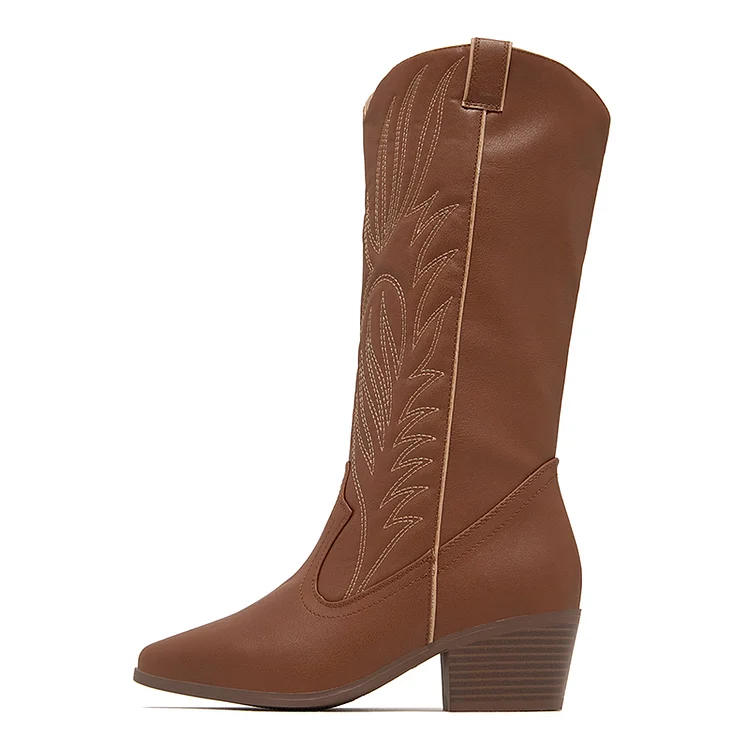 Brown Western Block Heel Calf Boots Vdcoo