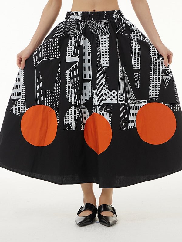 Original Geometric Polka Dot Printed Contrast Color Skirt Bottom