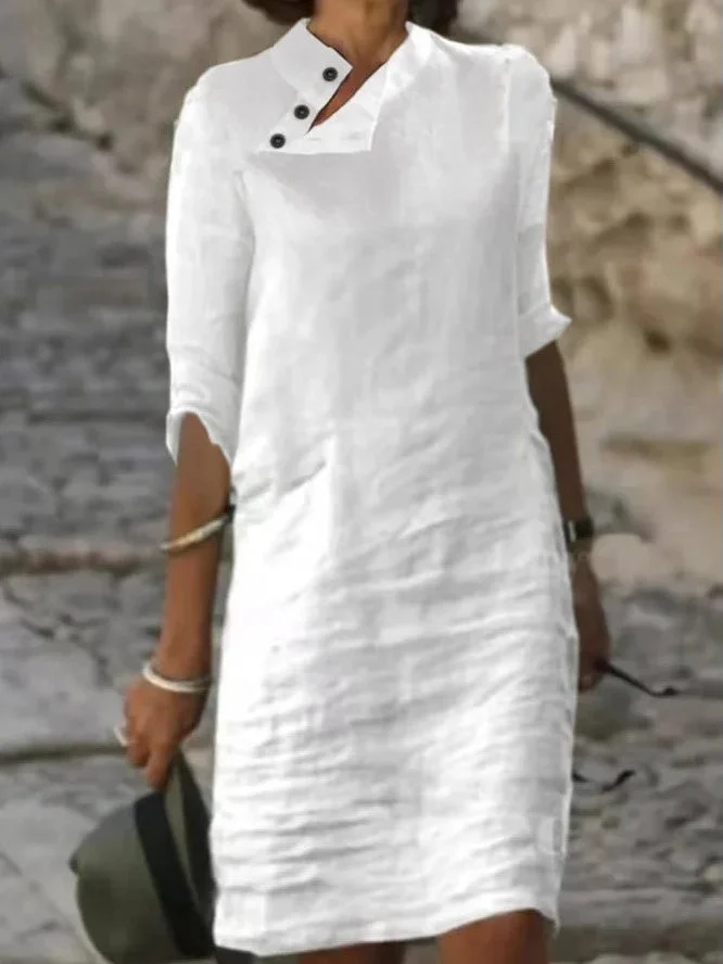 Women's Loose Standing Neck Short Sleeve Solid Color Linen Dress
