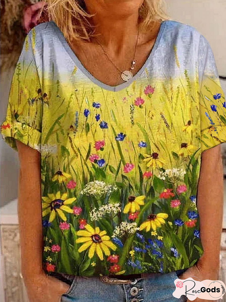 Vacation Floral Loosen Short Sleeve Tops