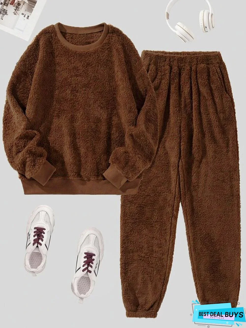 Plain Long Sleeve Casual Crew Neck Two-Piece Set