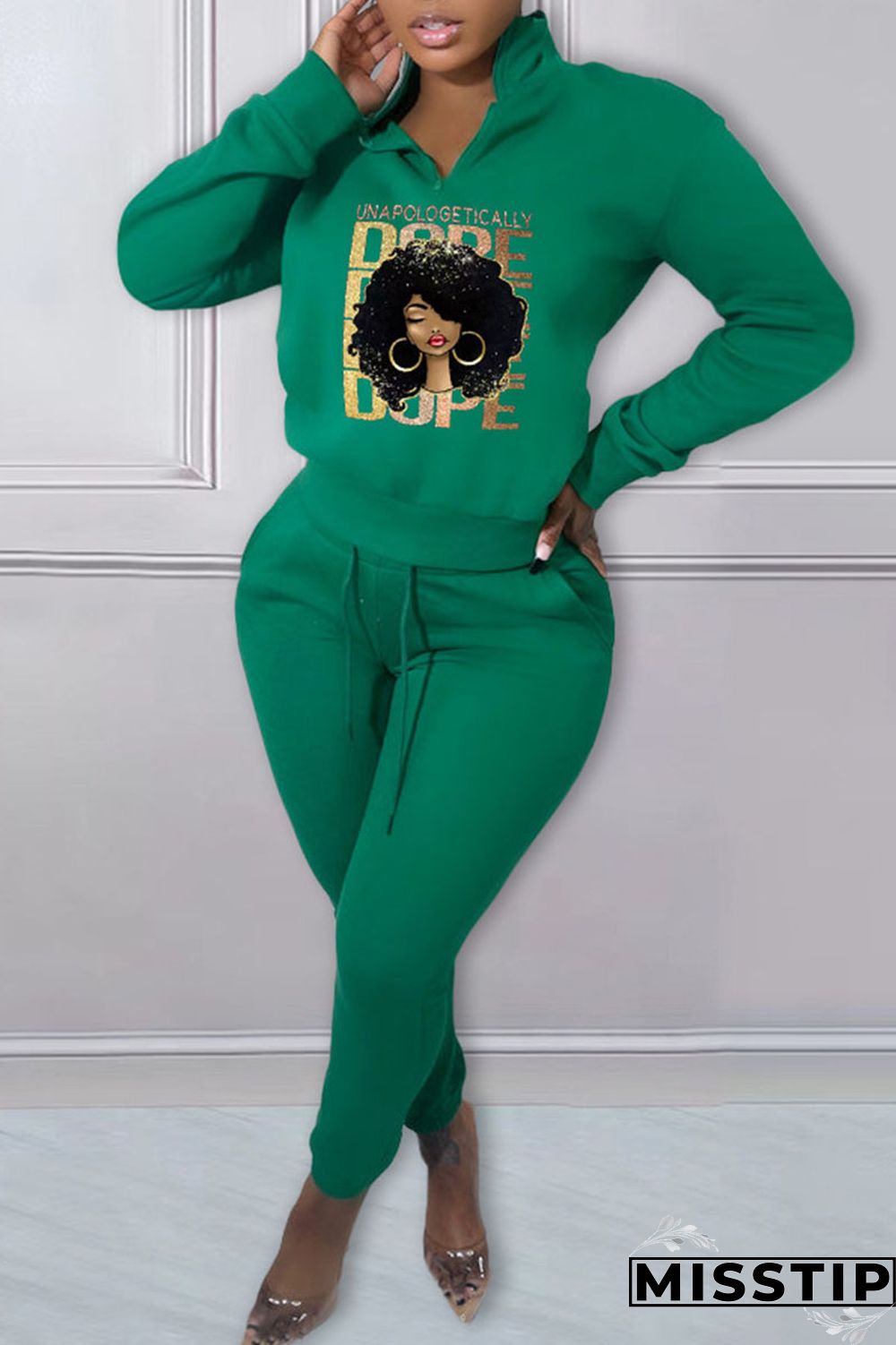 Green Casual Print Patchwork Zipper Collar Long Sleeve Two Pieces