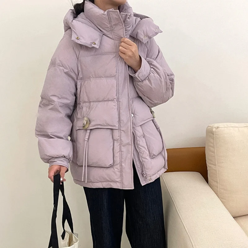 Woherb Sweet Crescent Buckle Down Jacket Women's Short Style 2024 Winter Fashion Thick Warm Hat Small White Duck Down Coat-Outfit Ideas