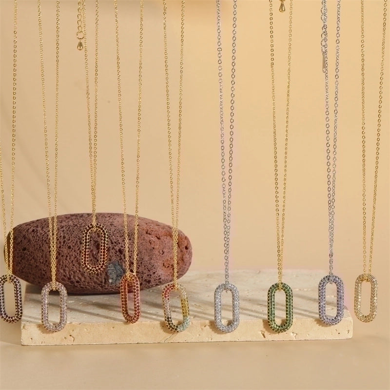 Copper 14K Gold Plated White Gold Plated Minimalist Geometric Solid Color Inlay Zircon Pendant Necklace